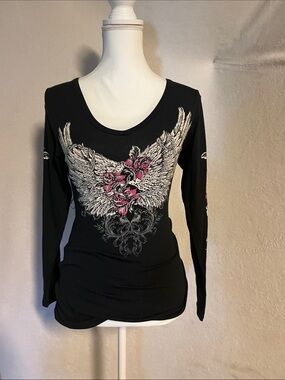 Black Long-Sleeve Scoop Neck Tee with Winged Floral Design embossed angel wings